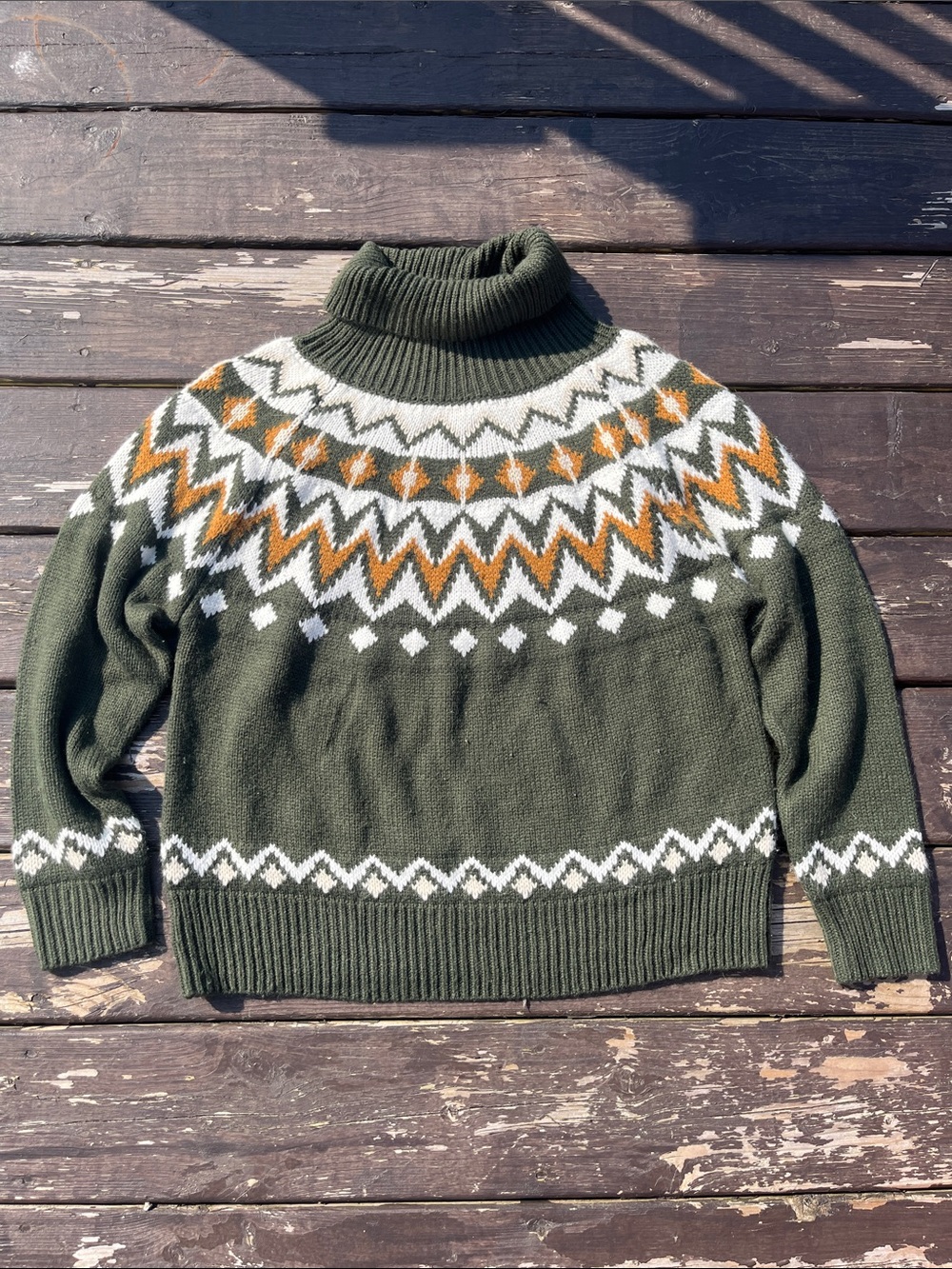 Green fair isle knit turtleneck sweater